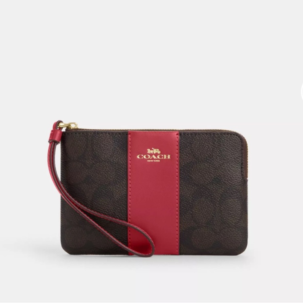 Coach Wristlet with Red and Brown Signature Design.‎ NWT